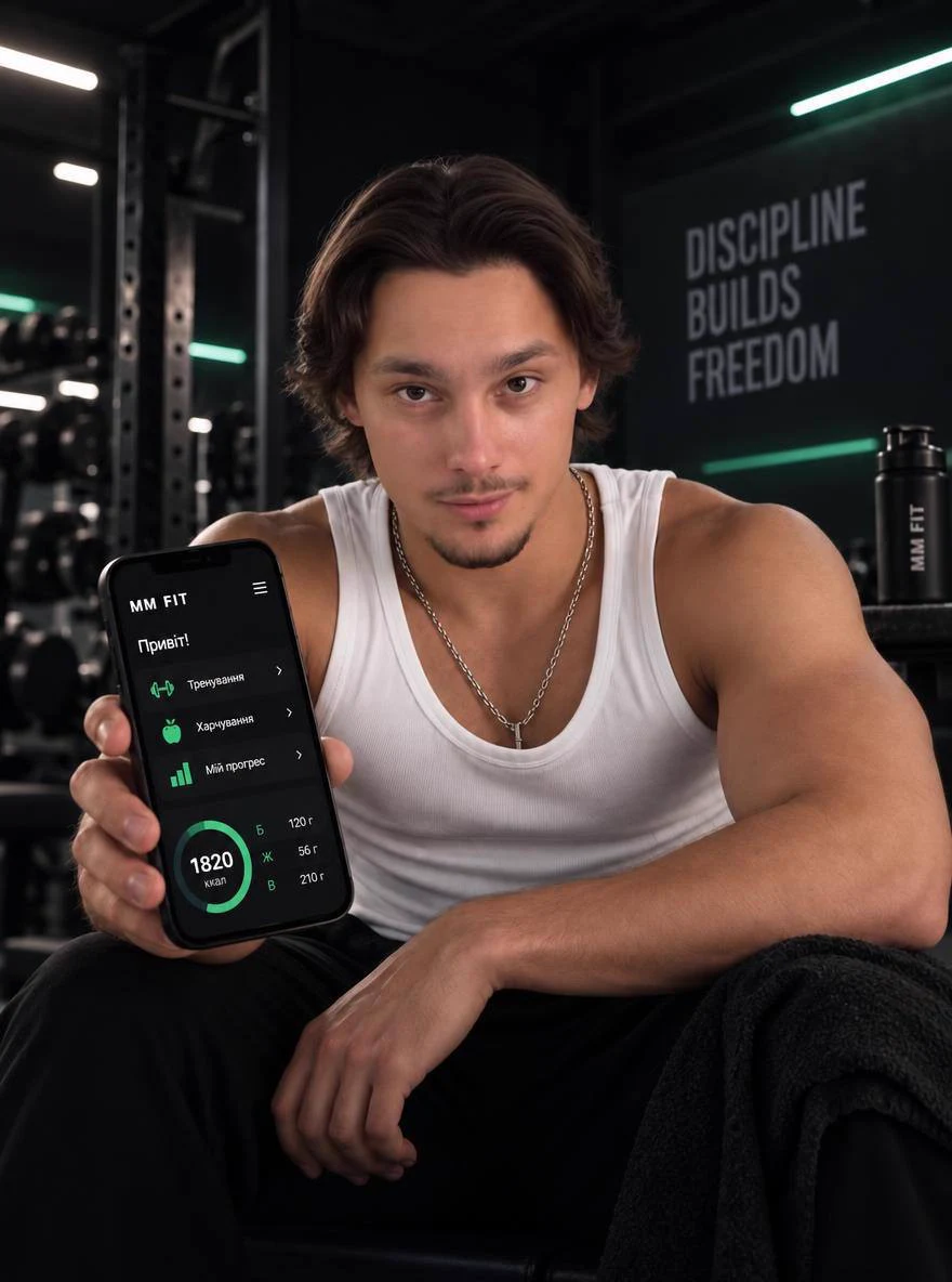 Живий тренер MM FIT у залі показує застосунок на телефоні